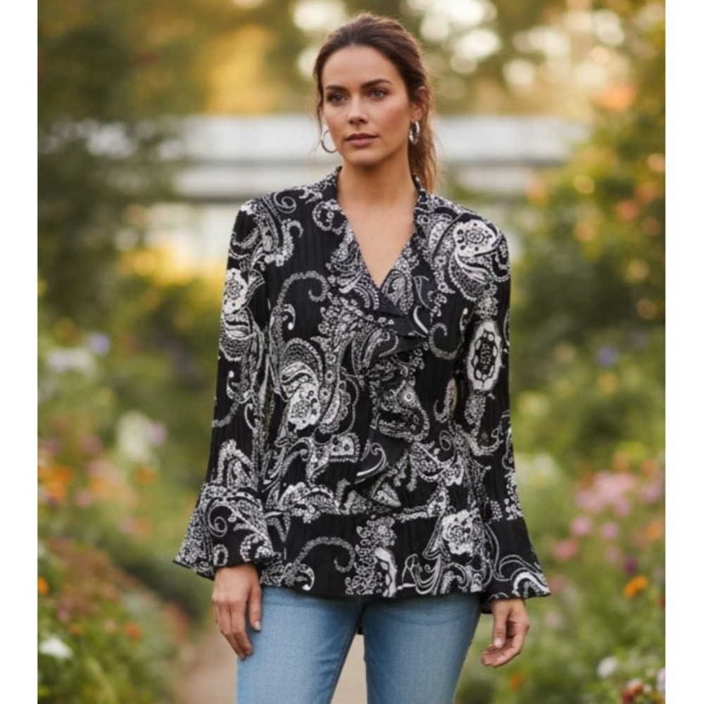 Bethany L XL Top Black White Paisley Ruffle Crinkle Boho Fairy Whimsigoth Witchy